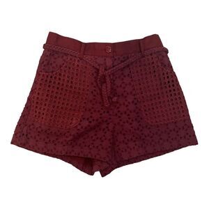 Pinko Women's Burgundy Eyelet Lace High-Rise Belted Shorts Size 2